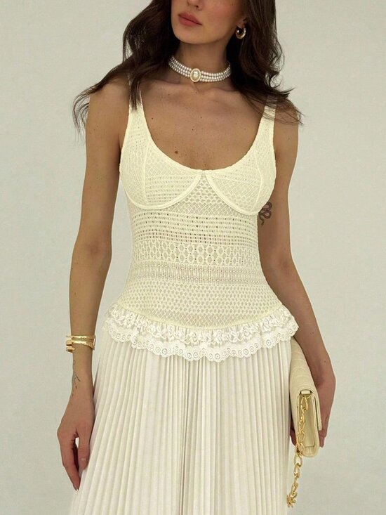 Dresses & Skirts - Beige Elegant Women's Fitted Sexy Low-Cut Pleated Lace Trim Maxi Dress